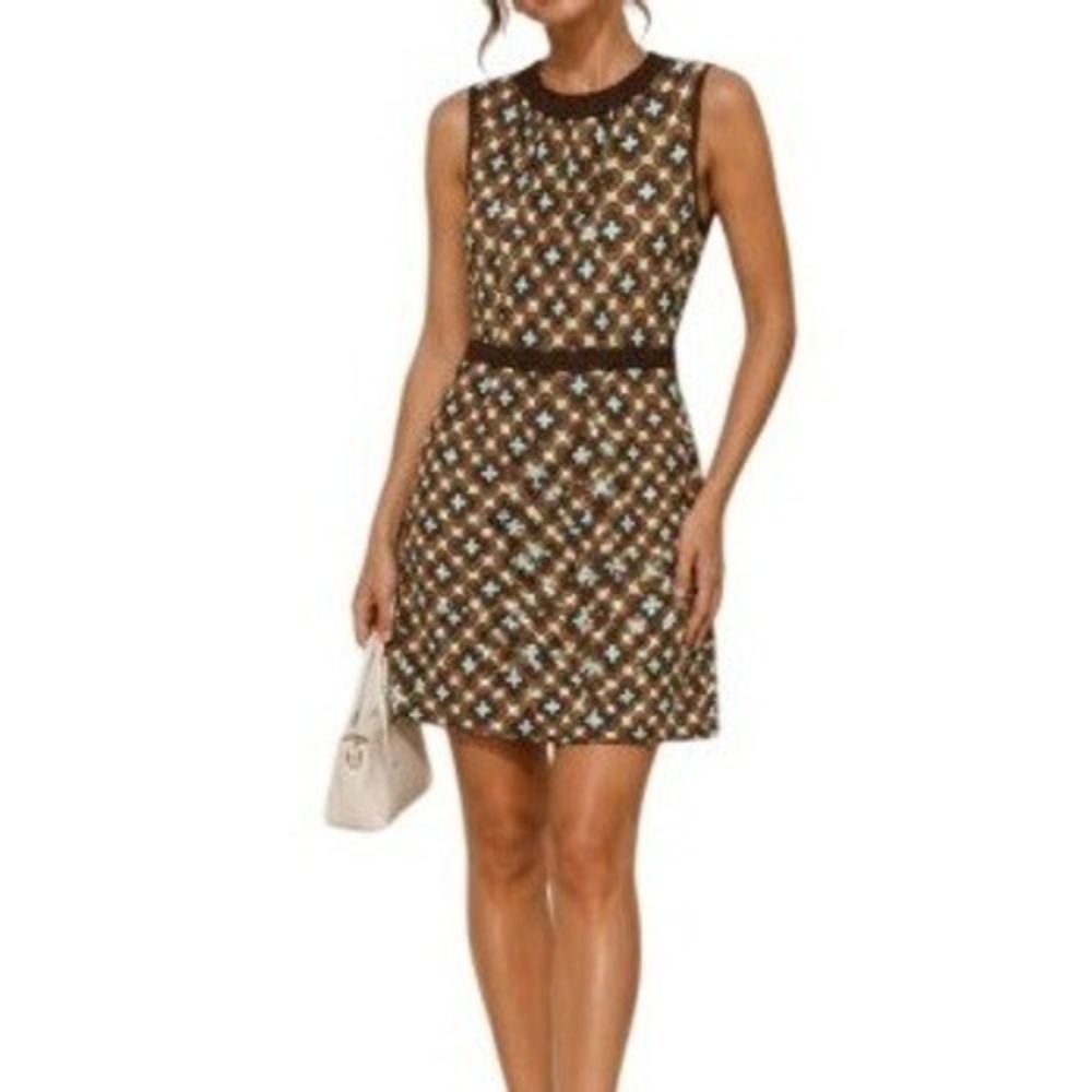 Milly New York Gianna Silk Dress Women 2 Brown Geo Abstract Quatrefoil Retro Mod